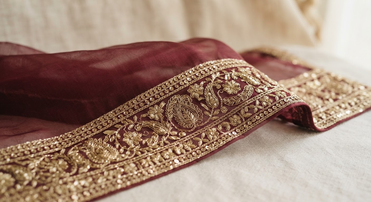 Bridal Dupatta — Sheer organza with hand gota work on a maroon border